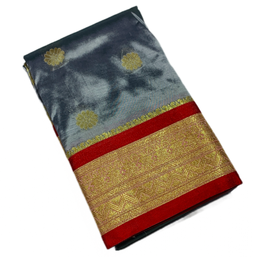 Gray shade saree with Golden and Red Border