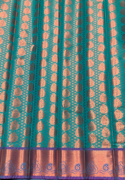Vegan Silk Saree Light Green Colour with Magenta and Copper Border