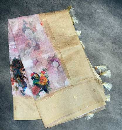 Digital Print Cotton Saree Sandal Colour with Floral and Birds Pattern