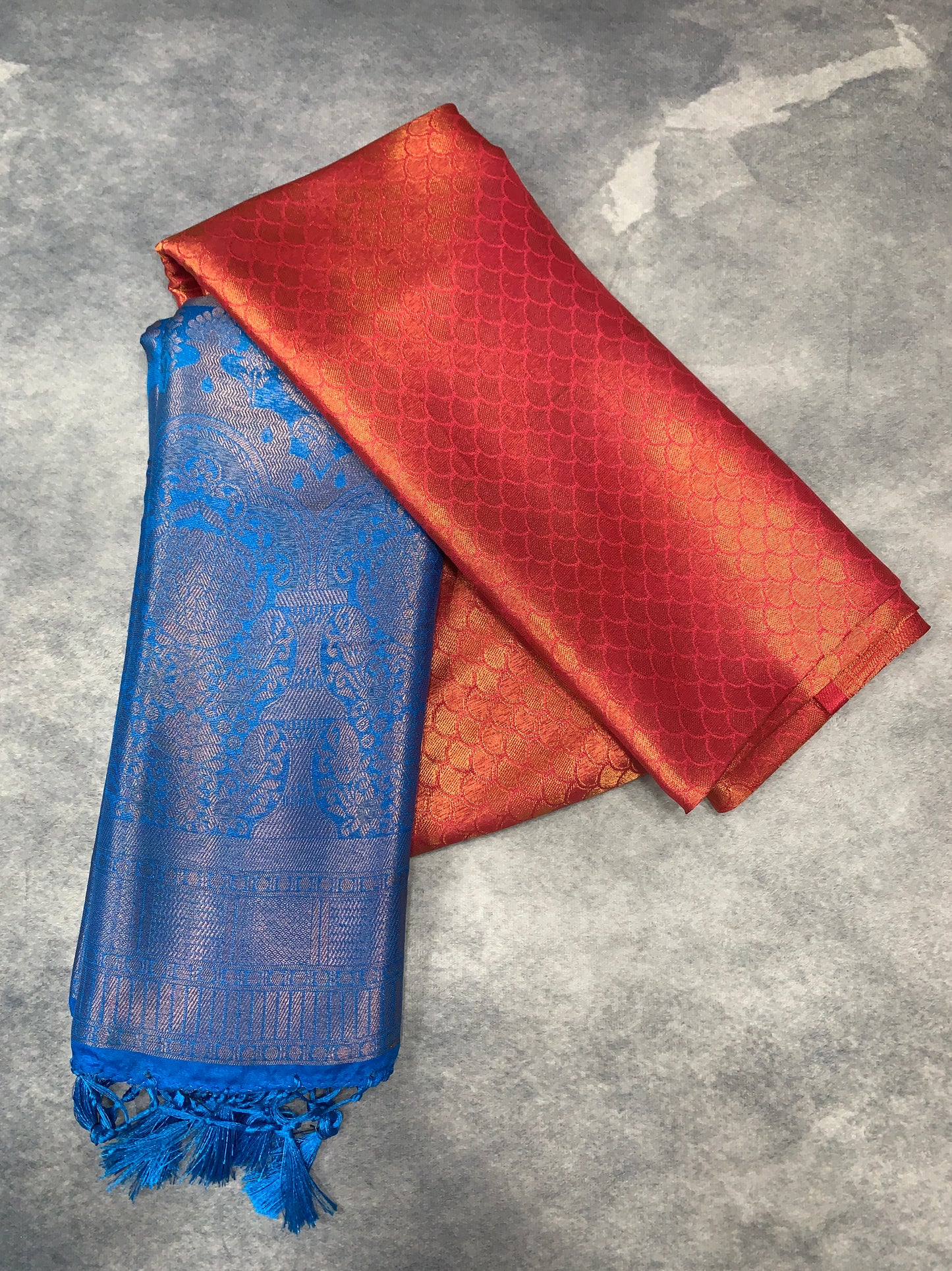 Soft Silk Saree Red Colour with Sky Blue Colour Pallu