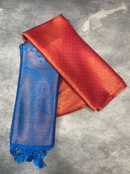 Soft Silk Saree Red Colour with Sky Blue Colour Pallu
