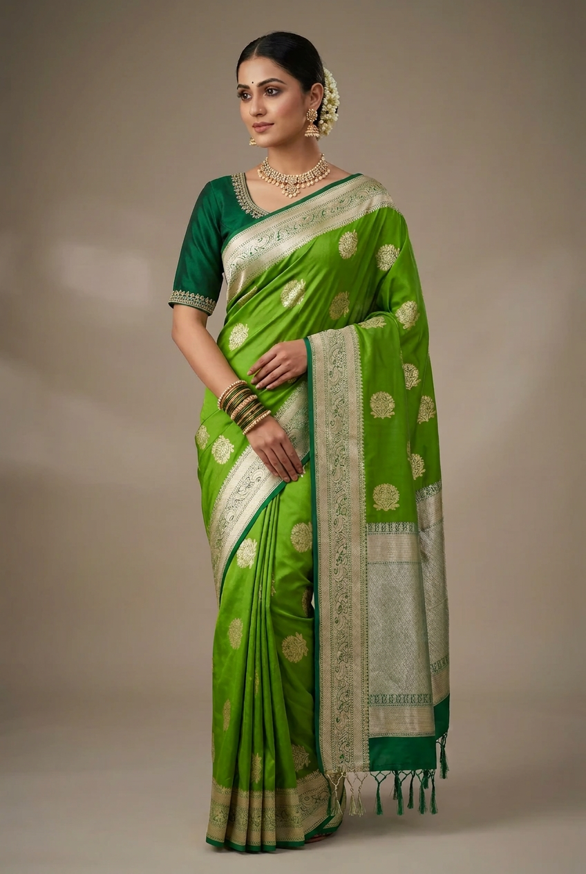 Art Silk Saree Olive Green Colour with Light Green Colour Border