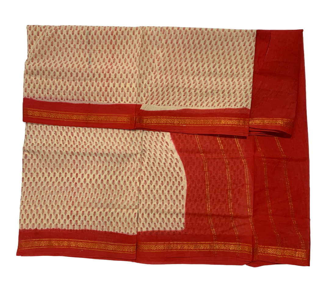 9 yards Cotton Sandal Colour Saree with Red Border