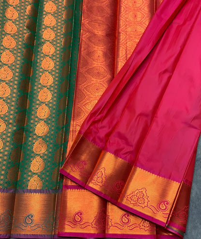 Vegan Silk Saree Green Colour with Magenta and Copper Border