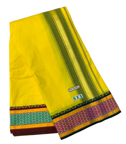 9X5 Cotton Dhoti Yellow Pink and Rama Green Border with Angavastram
