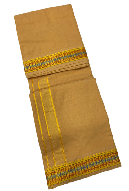 Mustard Yellow Dhoti with Red & Blue Diamond Border