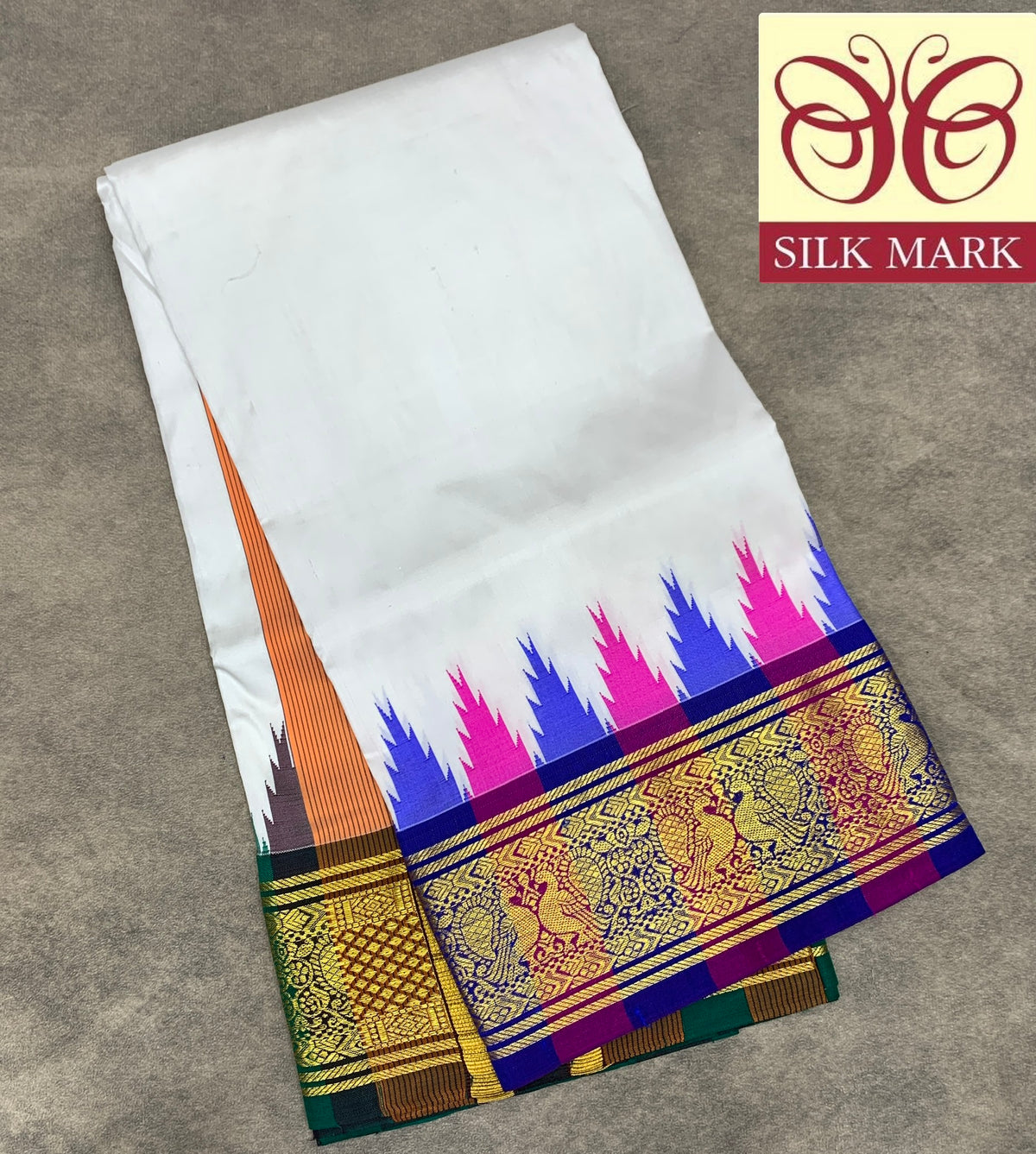 6 Mulam Silk Pooja Towel White Colour with Ganga Jamuna Korvai Border