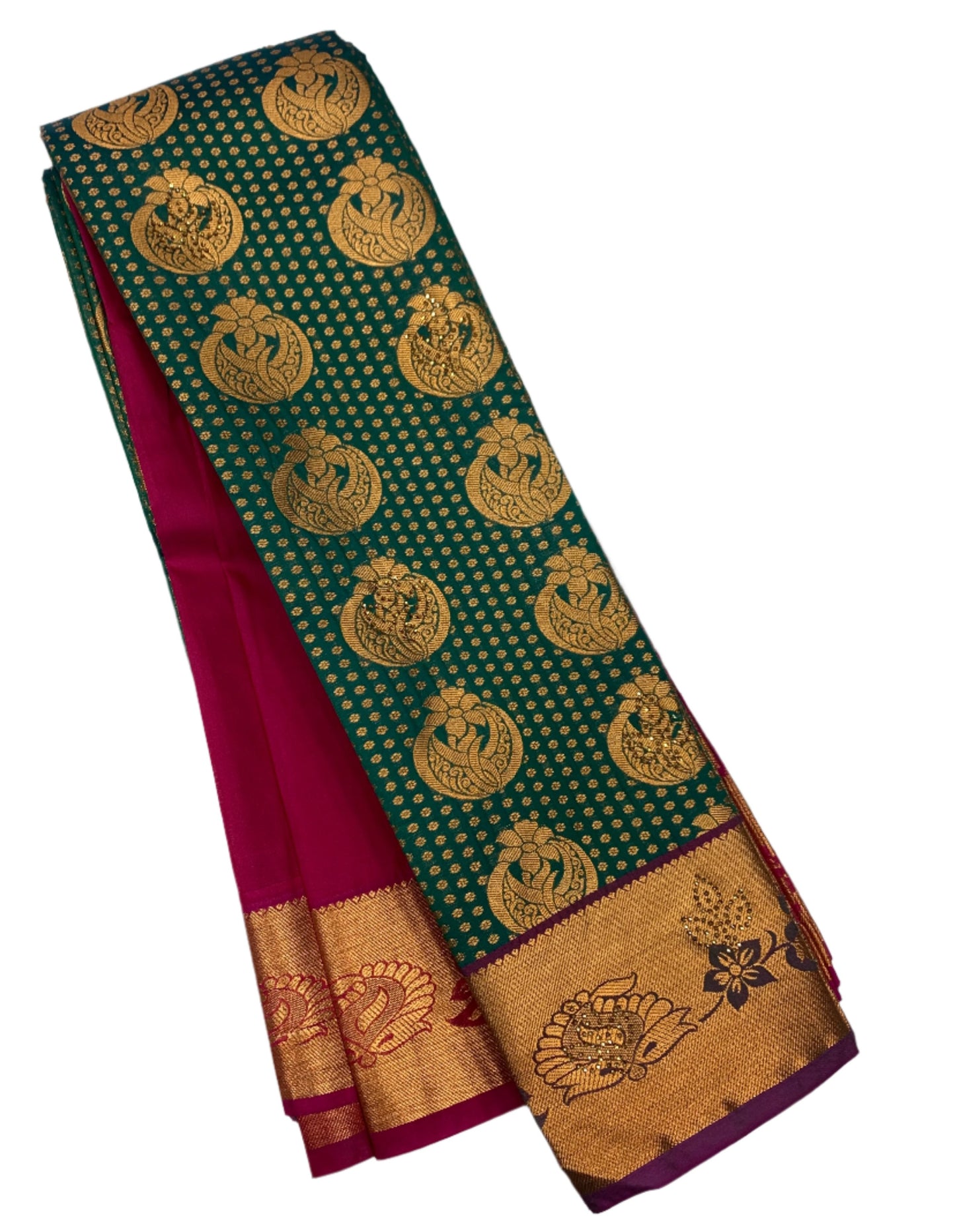 Vegan Silk Saree Green Colour with Copper and Pink Border