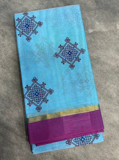 Chettinad Sungudi Cotton Sky Blue Colour with Magenta Pink Colour Border