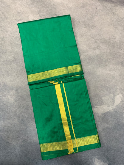 9X5 Pure Silk Dhoti Green Colour with Small Golden Zari Border