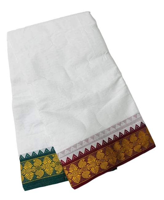 9X5 Cotton Dhoti White Maroon and Green Border with Angavastram