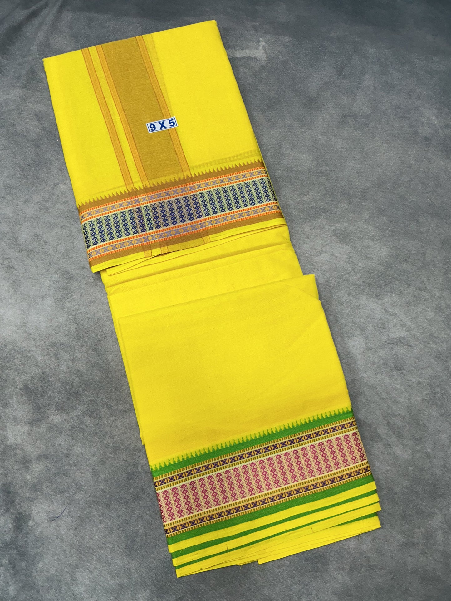 9X5 Cotton Dhoti Yellow Colour with Blue Border
