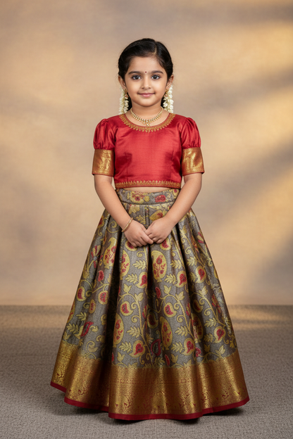 Golden Gray Shade Vegan Silk Kids Pattu Pavadai with Contrast border for age 2 to 5
