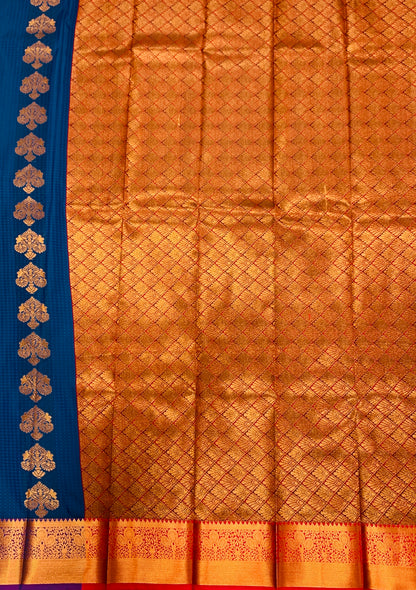 Vegan Silk Saree Blue Colour with Copper Border