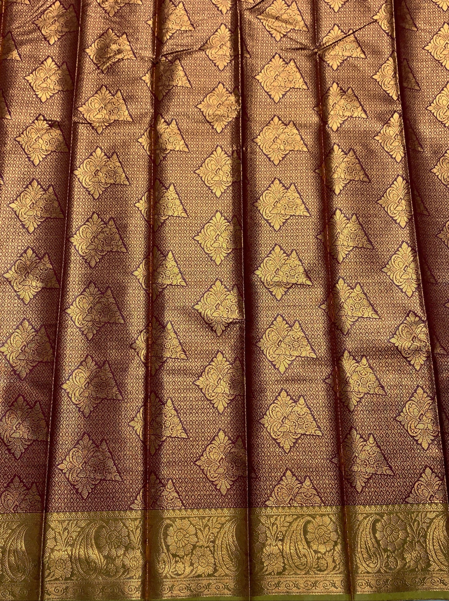 Vegan Silk Saree Maroon Colour with Copper and Olive Green Border