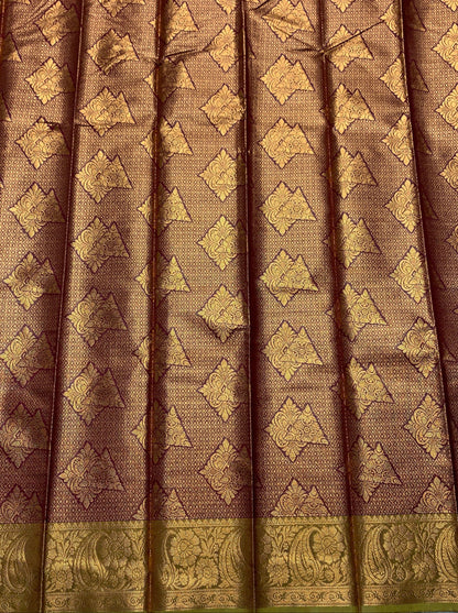 Vegan Silk Saree Maroon Colour with Copper and Olive Green Border