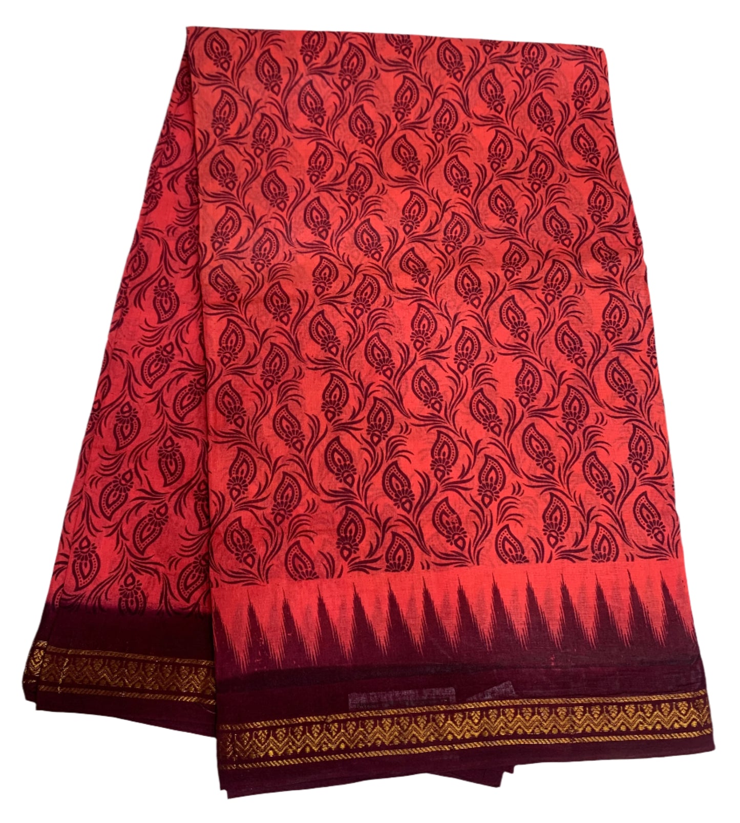 Chettinad Sungudi Cotton Tomato Red Colour with Brown Border