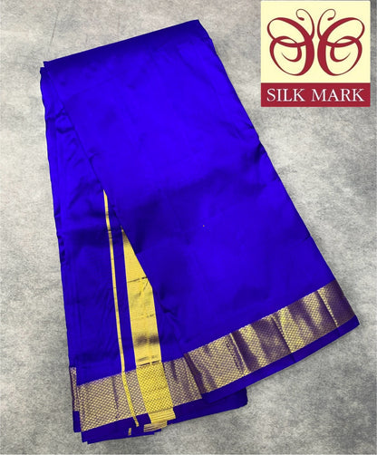 9X5 Pure Silk Dhoti Ink Blue with Large Golden Zari Border