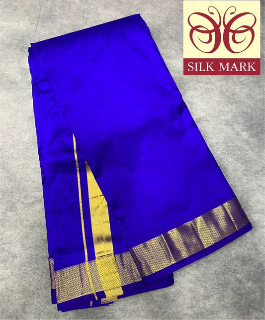 9X5 Pure Silk Dhoti Ink Blue with Large Golden Zari Border