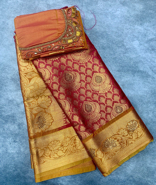 Bridal Vegan Silk Saree Pink shade with Golden Yellow Border with Unstitched blouse in Aari Work