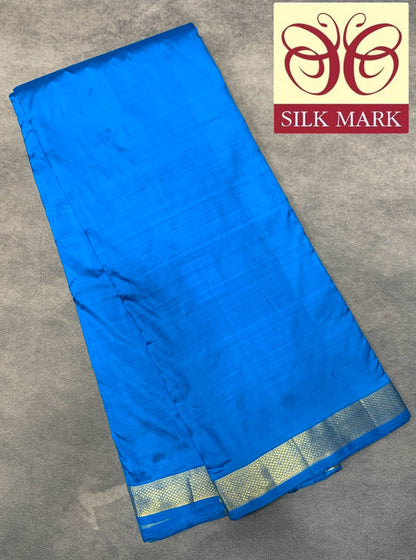9X5 Pure Silk Dhoti Sky Blue with Small Golden Zari Border