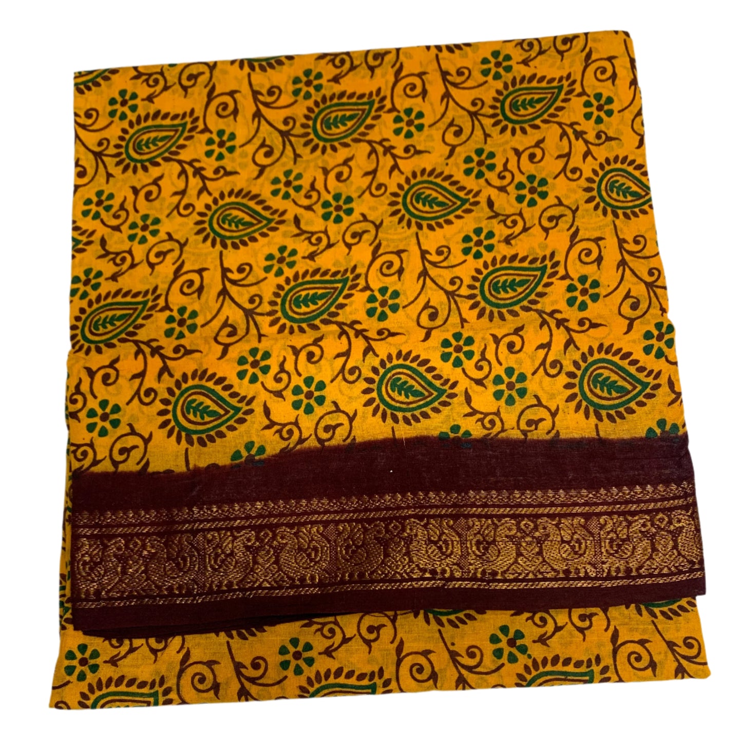 Chettinad Sungudi Cotton Mango Yellow Colour with Brown Border