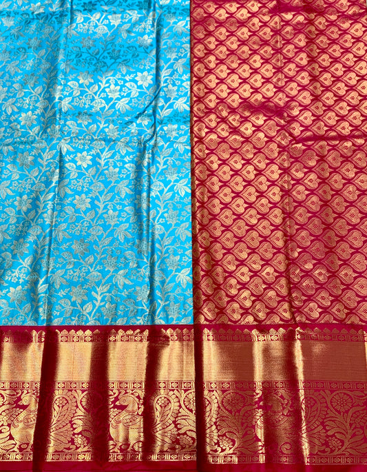 Sky Blue Colour Semi Silk Saree with Big Pink Border