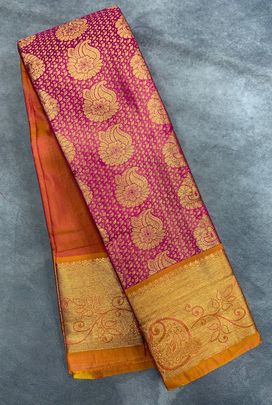 Vegan Silk Saree Pink Colour with Golden Yellow and Copper Border