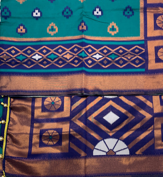 Pochampalli Semi Silk Saree Peacock Green Colour with Blue Border