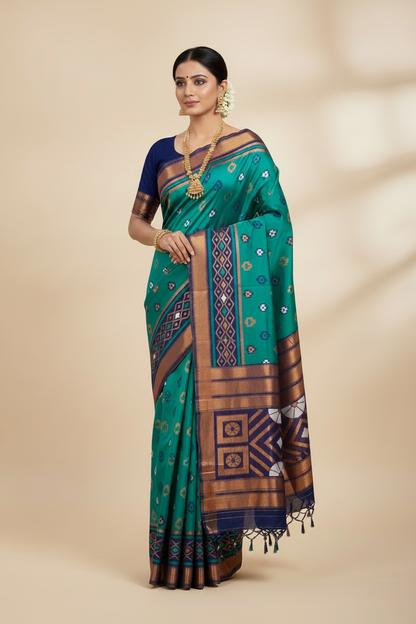 Pochampalli Semi Silk Saree Peacock Green Colour with Blue Border