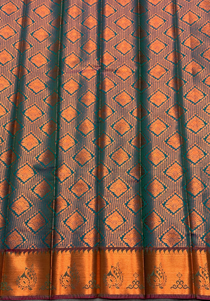 Vegan Silk Saree Aqua Blue Colour with Pink and Copper Border