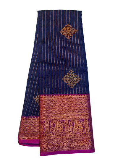 Vegan Lakshadeepam Silk Saree Navy Blue Colour with Copper Zari Border