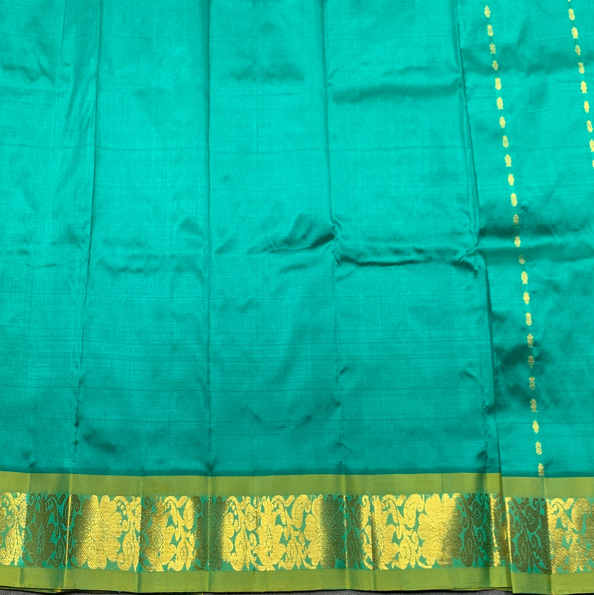 Peacock Green Shade Pure Kanchipuram Kids Pattu Pavadai with Contrast Border for Newborn to 2 Years