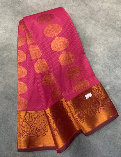 Vegan Silk Saree Peach Pink Colour Saree with Copper Border
