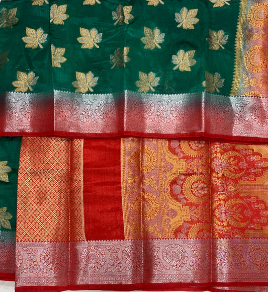 Tussar Saree Green Colour with Red Border