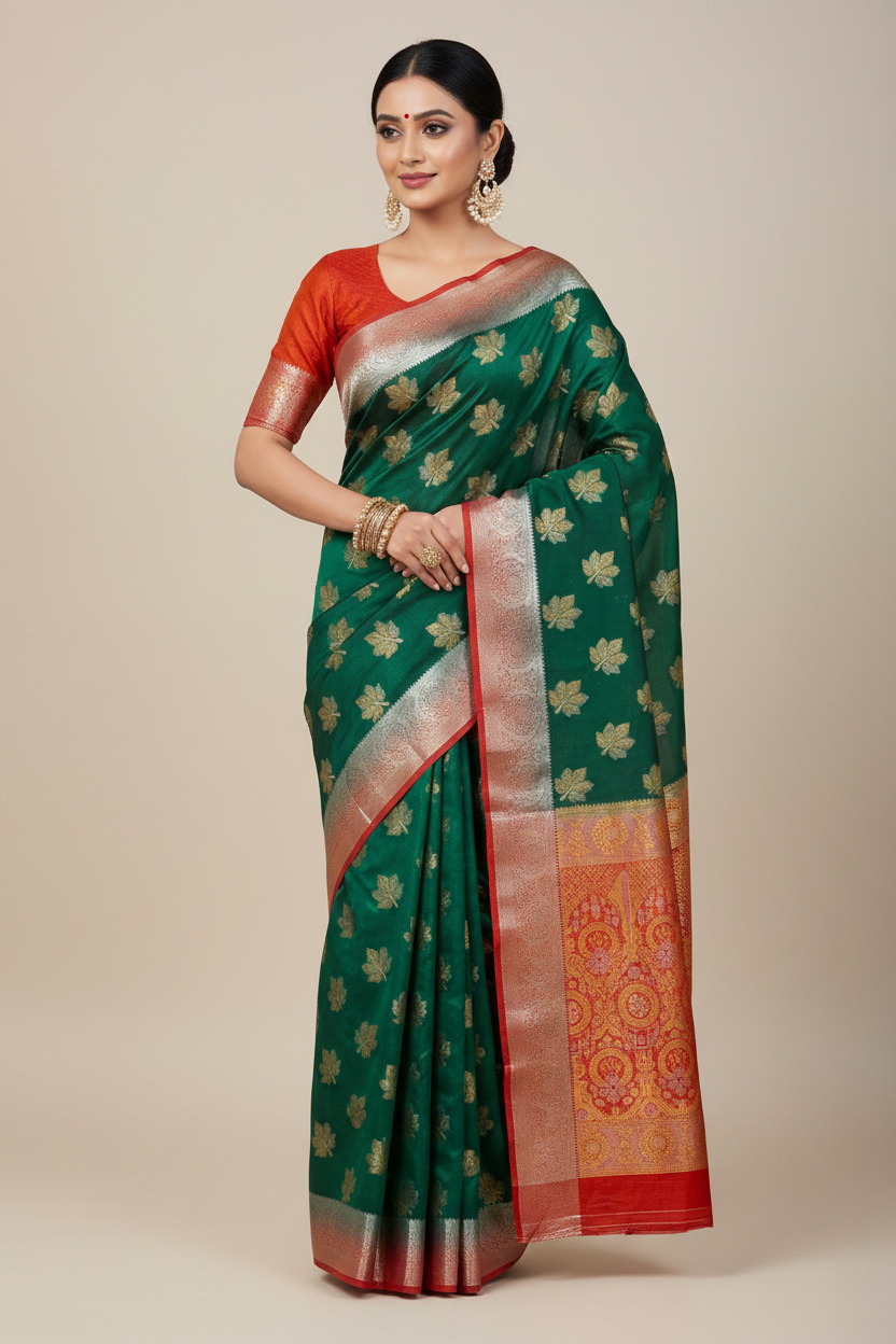 Tussar Saree Green Colour with Red Border