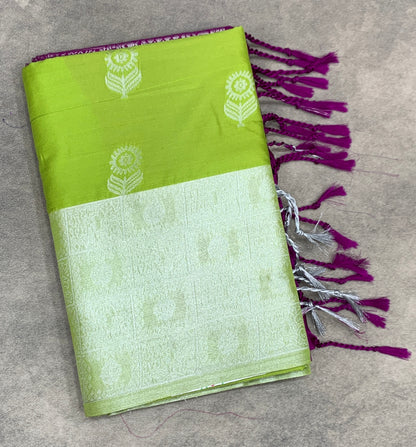 Art Silk Saree Apple Green Colour with Sliver Zari Border