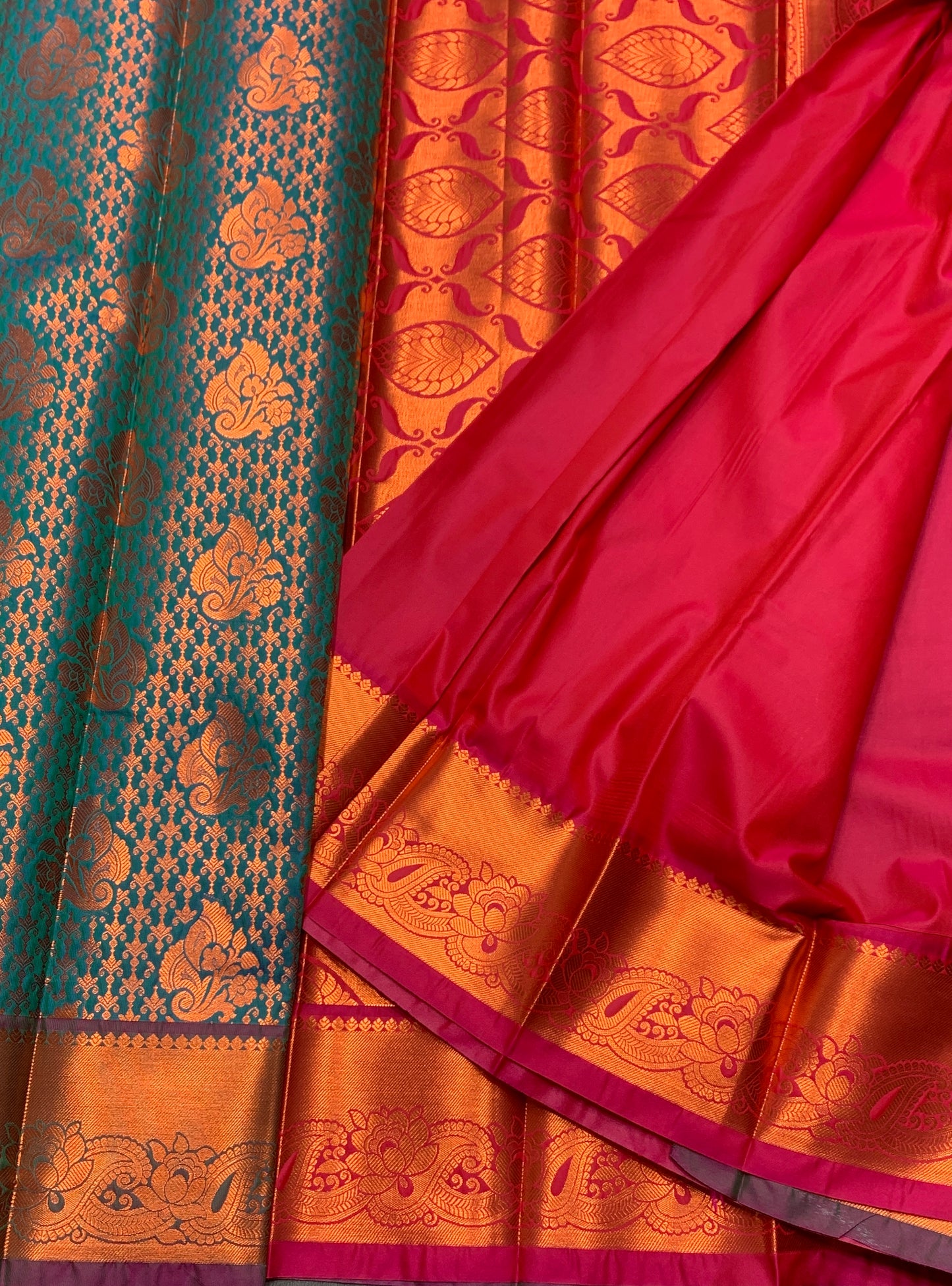 Vegan Silk Saree Peacock Blue Colour with Pink and Copper Border