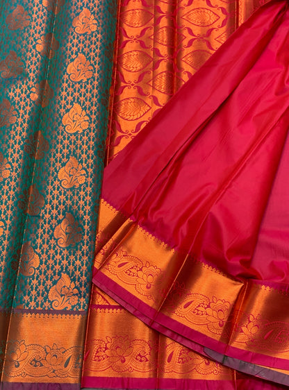 Vegan Silk Saree Peacock Blue Colour with Pink and Copper Border