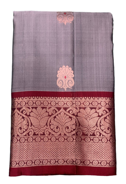 Pure Kanchipuram Silk Saree Gray Colour with Maroon Border