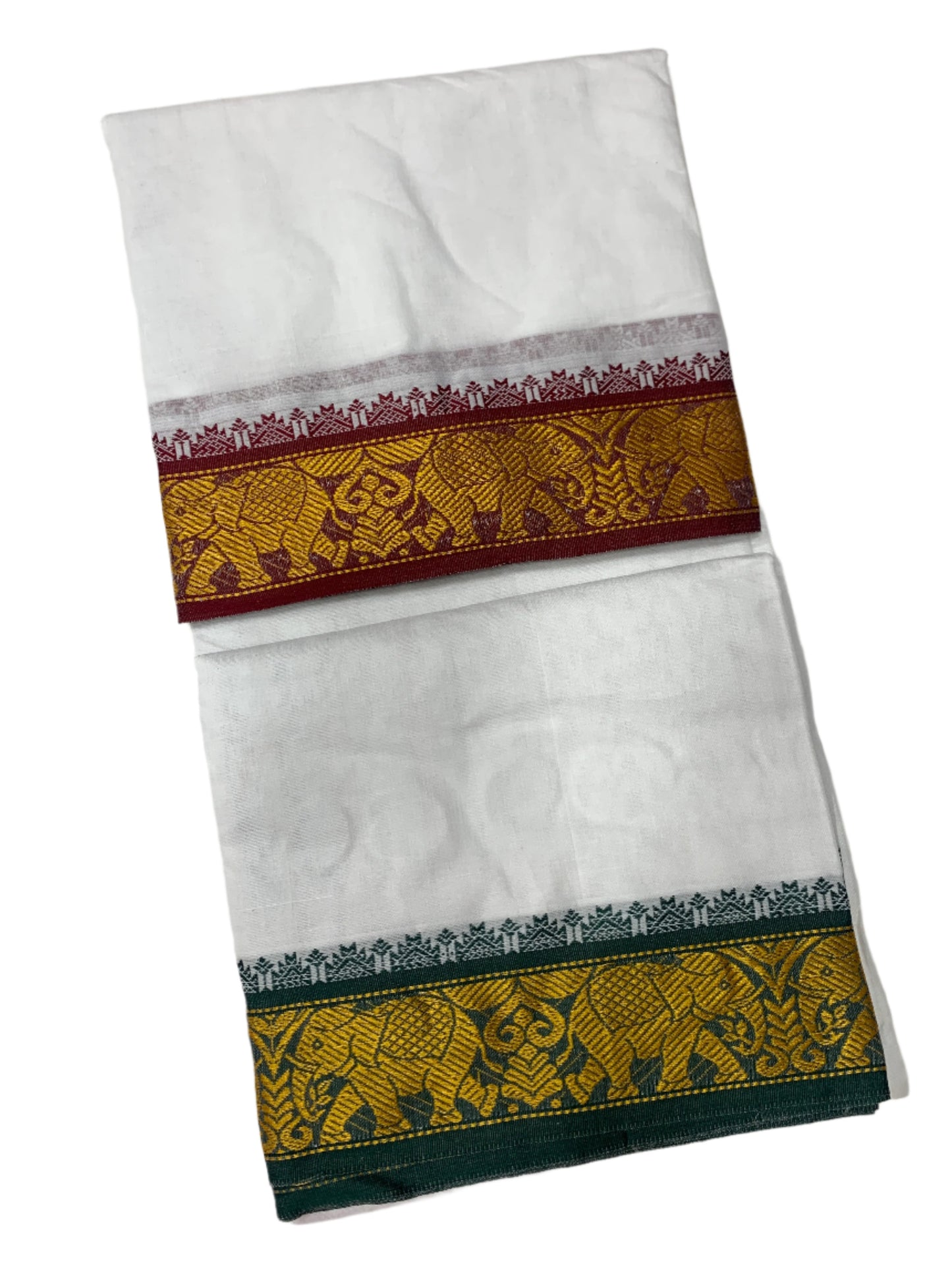 9X5 Cotton Dhoti White Maroon and Green Border with Angavastram