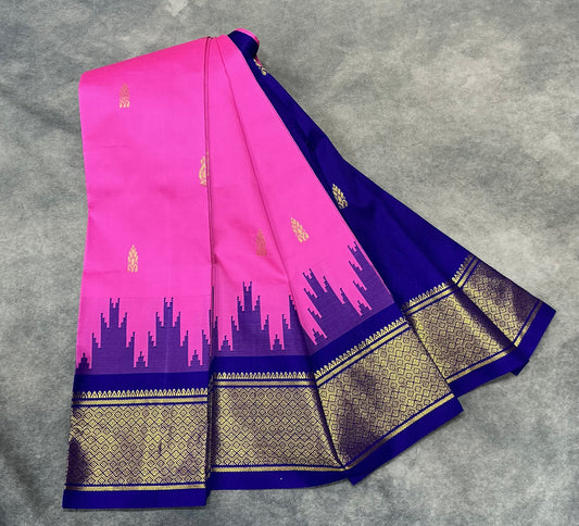 Semi Silk Saree Pink Colour with Violet and Gold Zari Border