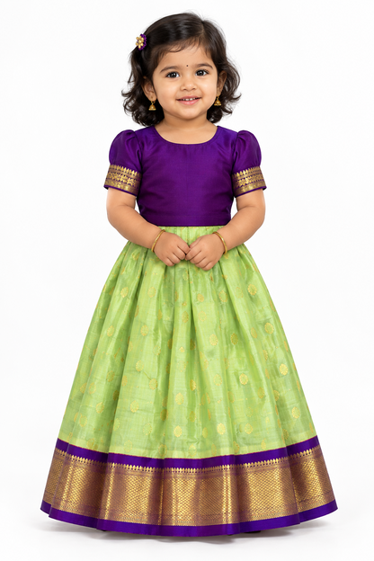Parrot Green Shade Pure Kanchipuram Kids Pattu Pavadai with Contrast Border for Newborn to 2 Years