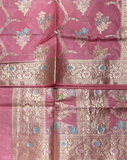 Pure Tussar Silk Saree Rose Pink Colour With Heavy Traditional Floral Zari Border
