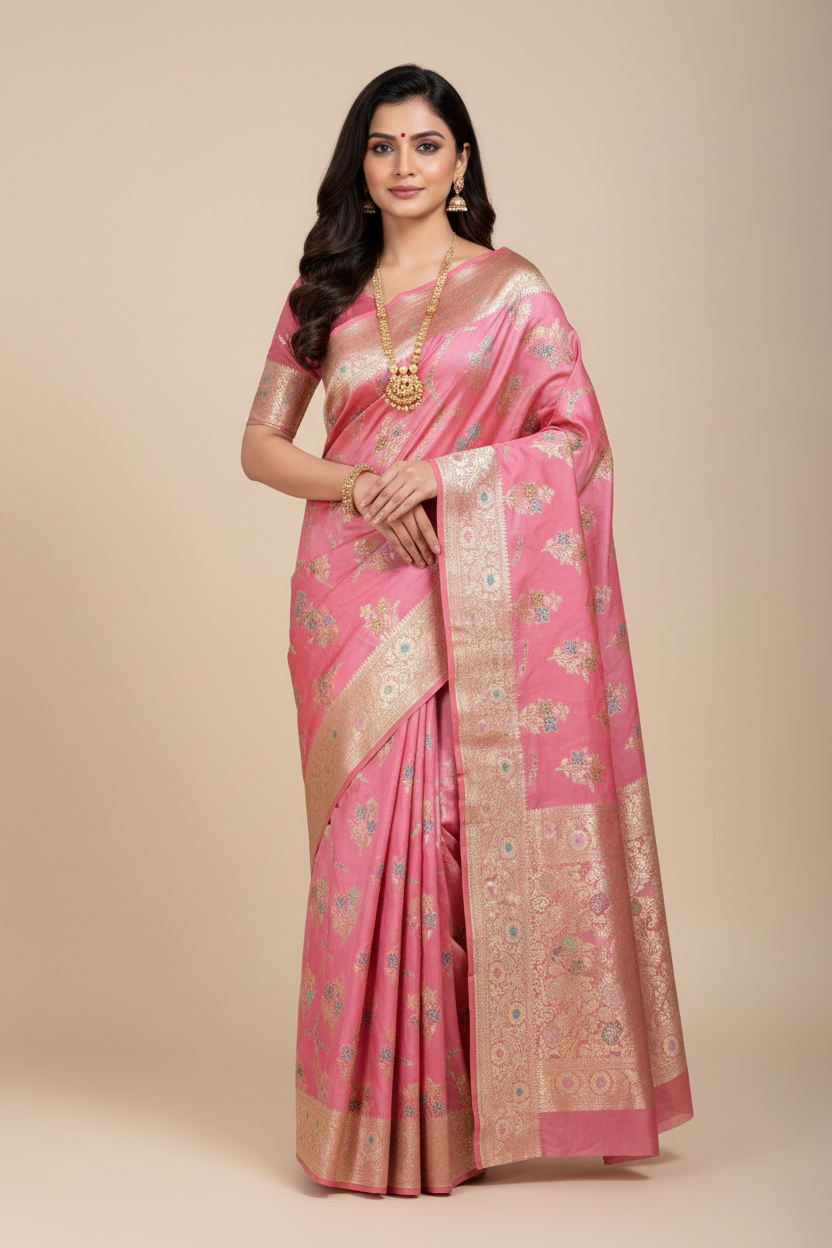 Pure Tussar Silk Saree Rose Pink Colour With Heavy Traditional Floral Zari Border