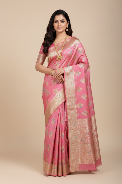 Pure Tussar Silk Saree Rose Pink Colour With Heavy Traditional Floral Zari Border