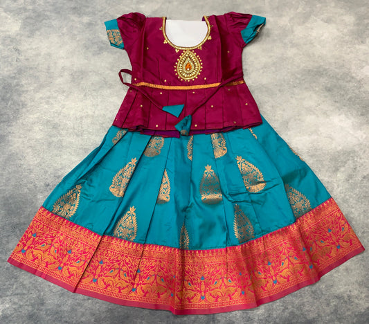 Ready To Wear Sky Blue Pavadai with Contrast Magenta Blouse