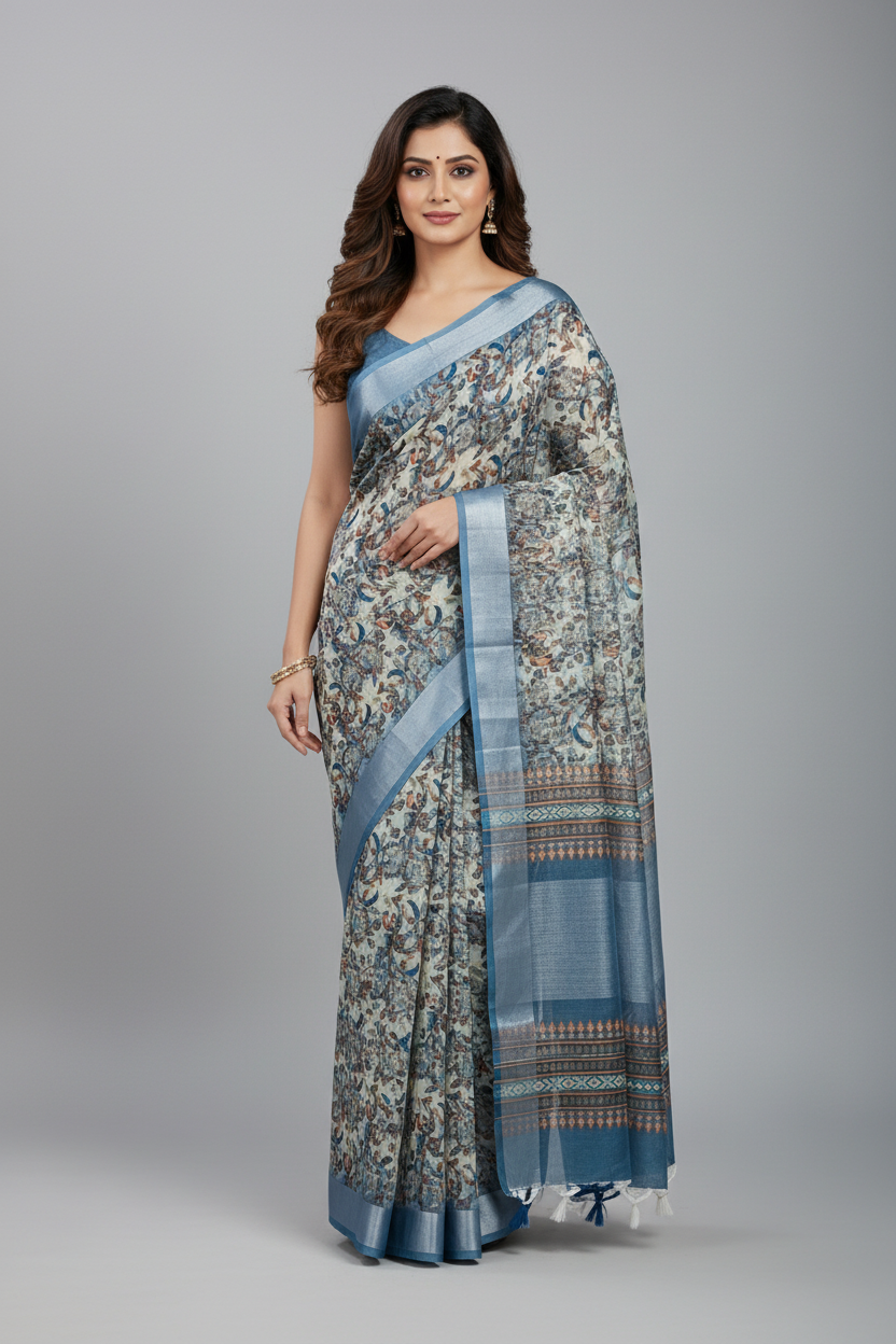 Jute Cotton Saree Off White Shade with Thread Border