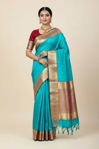 Pure Kanchipuram Silk Sapphire Colour with Red and Golden Zari Border