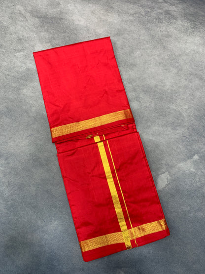 9X5 Pure Silk Dhoti Red Colour with Small Golden Zari Border